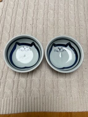 Ceramic Cat Face Pet Bowls set of 2 food/water- Cobalt Blue and White Japanese